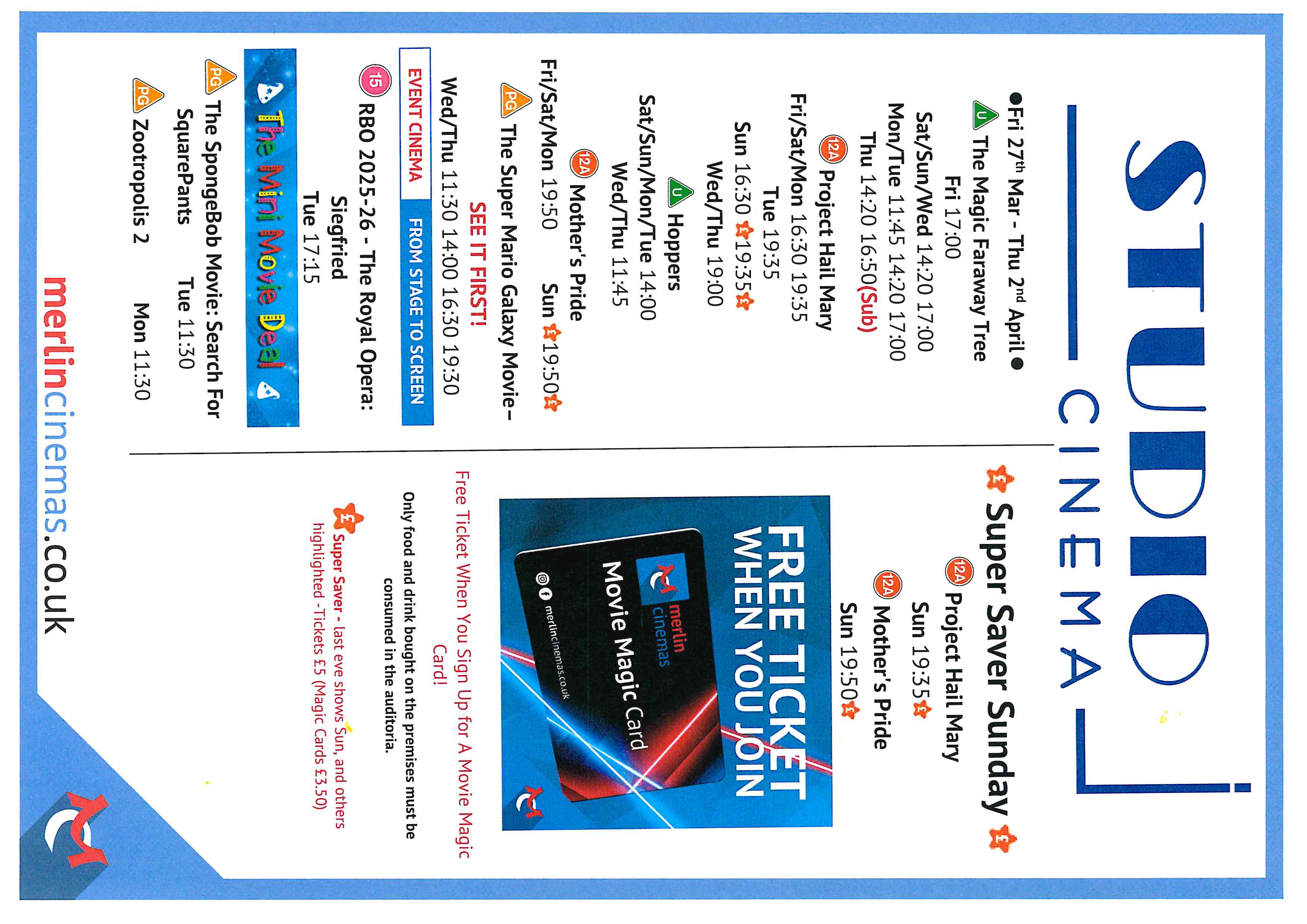 Studio Cinema Listings Fri 27th March - Thurs 2nd April